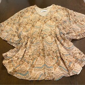 Trina Turk Silk Tan Turquoise Abstract Print Batwing Sleeve Mini Dress Size 2